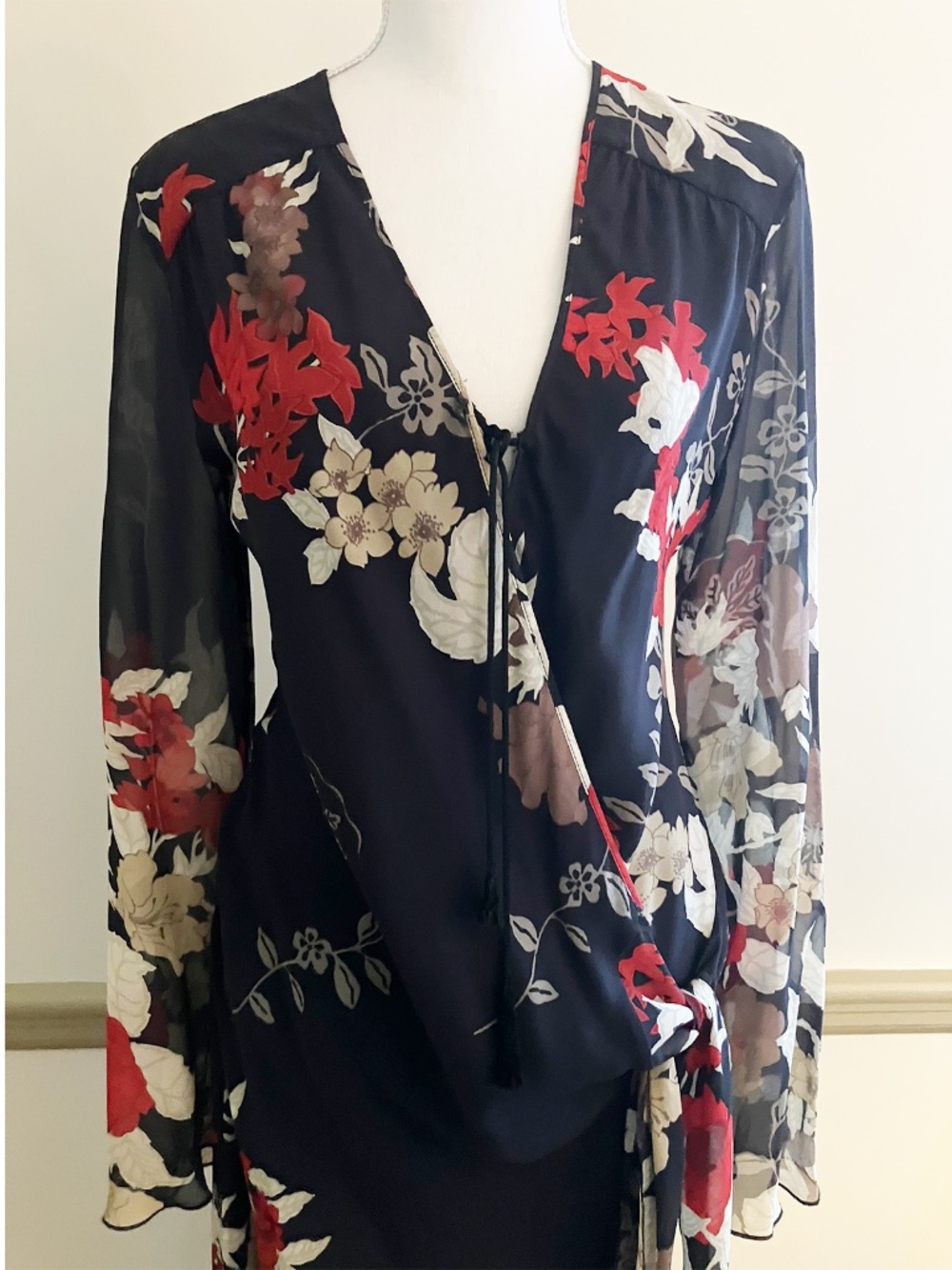 Silk Chinoiserie Floral Wrap Dress Handkerchief Hem